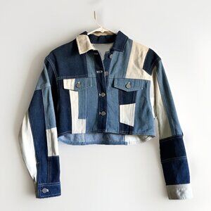 Patchwork Cropped Denim Jacket Womens Small Button Front